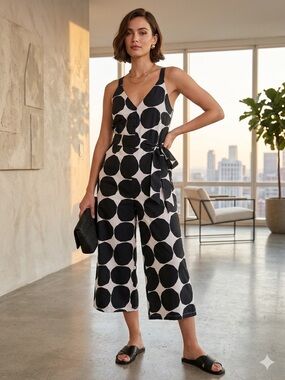 Miss Black & White Polka Dot Tie-Waist Jumpsuit - Size M